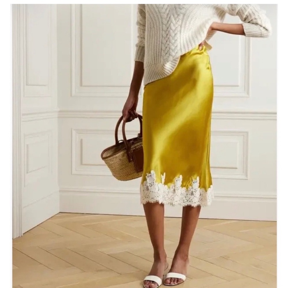 Doen Satin Midi Skirt with White Lace Trim in Mustard
